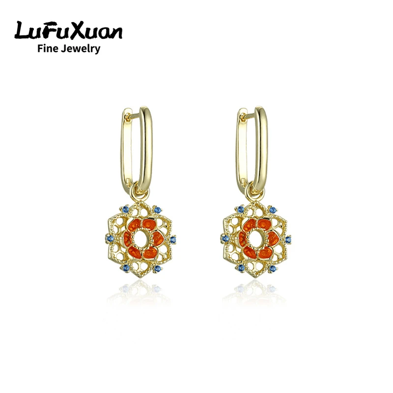 

LuFuXuan Original Chinese Style Dunhuang Lotus Flower Sterling Silver 925 Enamel Aquamarine Nano Stone Women's Jewelry Earrings