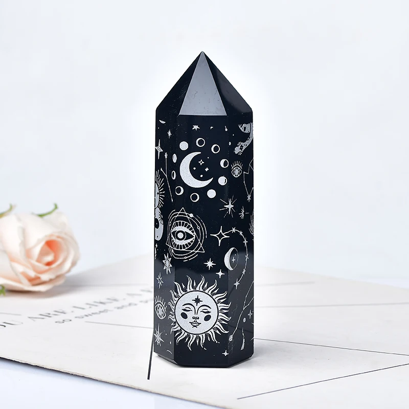 

Natural Obsidian Crystal Tower Plated With Gold Star Moon Pattern Point Wand Healing Stone Energy Quartz Home Decoration Reiki