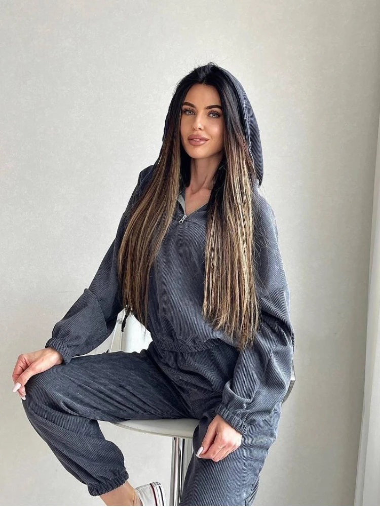 Женский Брючный комплект толстовка на молнии и штаны из двух предметов винтажный