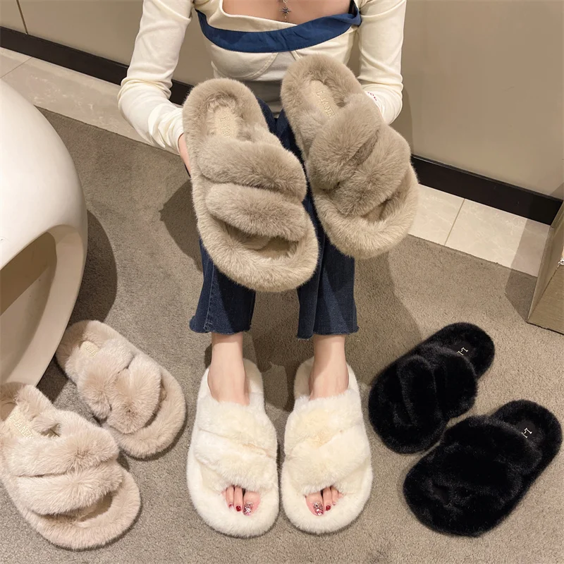 

Cotton Slippers Women Soft Plush Warm Floor Slides Fluffy Hairy Flip Flops Female Large Size Shoes Outdoor Home Cloud Slippers