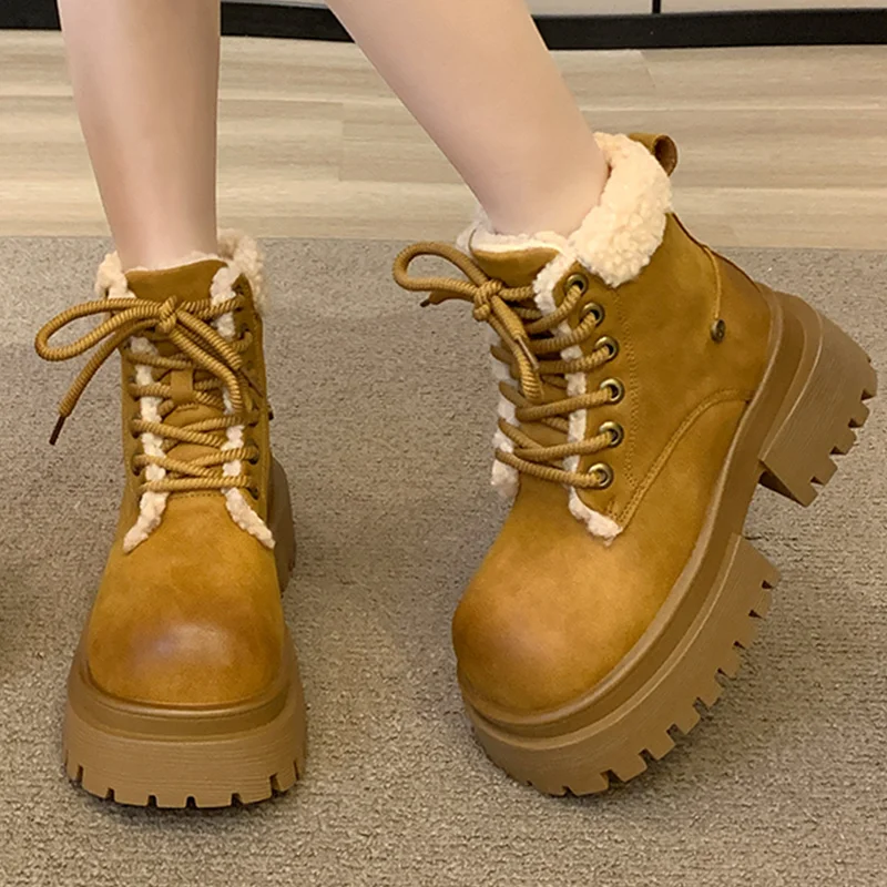 Women Winter Snow Boots Chunky Platform Fur Warm Ankle Shoes 2025 Mid Heels Suede Woman Chelsea Short Plush Cotton