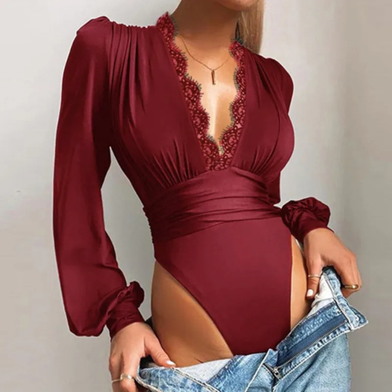 

2023 Autumn Female Bodysuit Solid Color Deep V-Neck Long Sleeve Playsuits Low-Cut Romper For Spring Fall Black/Purple/Red/Blue