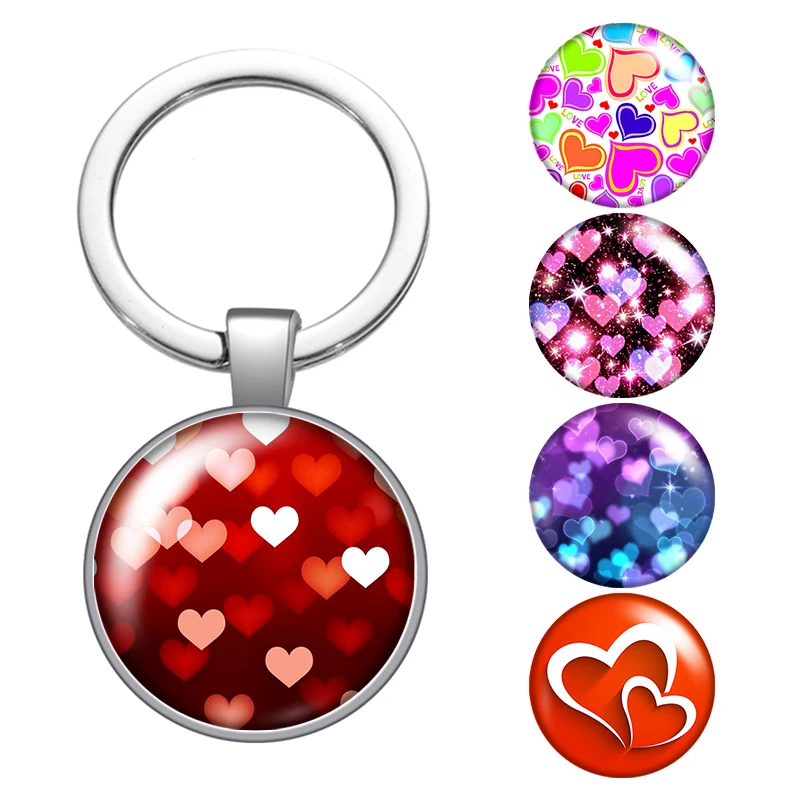 

LE Lighting Hearts Love Glass Cabochon Keychain Bag Car Key Chain Ring Holder Charms Silver Color Keychains For Men Women Gifts