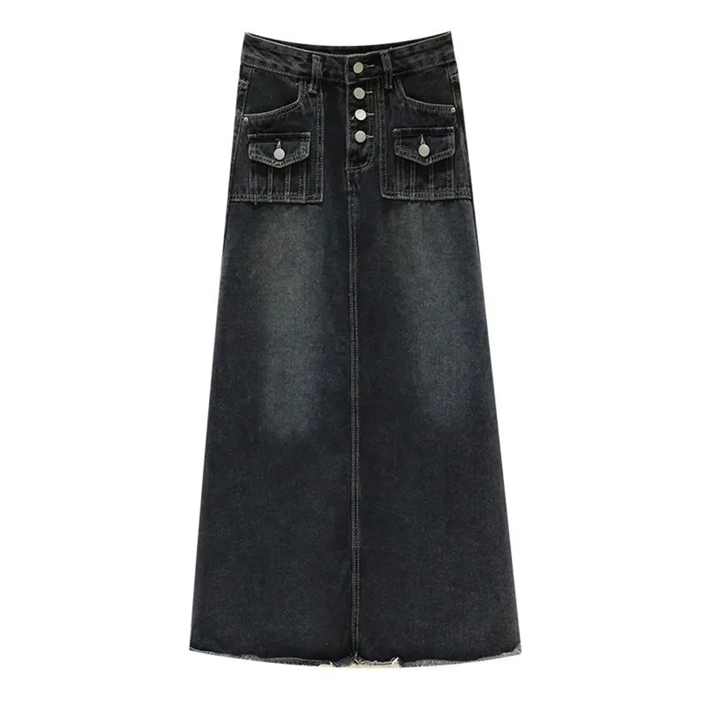 Женская джинсовая юбка с потертостями длинная свободная карманами и высокой