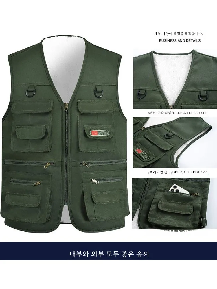 Dad Vest Middle-Aged and Elderly Fleece-lined Thickened Men's Autumn Winter 2024 New Multi-pockets Grandpa Warm Wais...