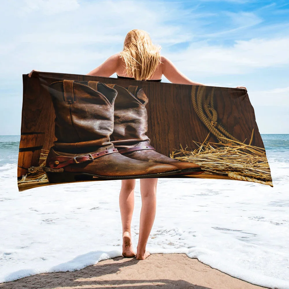 

Western Cowboy Boots Wood Bath Towels Microfiber Large Beach Towel Adults Travel Washcloths Portable Spa Bathroom Face Towel