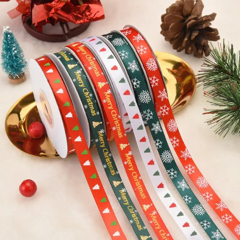 

10Yards 10mm Christmas Ribbon Printed Grosgrain Festive Decorative Bronzing Ribbed Ribbon Gift Wrapping DIY Handicraft