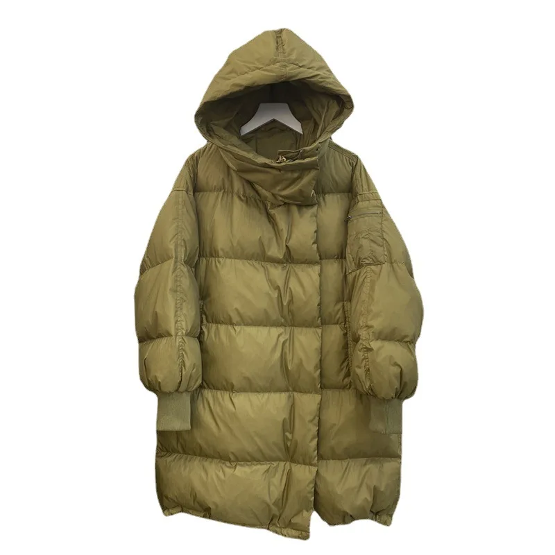 Autumn and Winter Down Jacket White Duck Down Loose Women's Long Knee-length Hooded Thickening Warm Hundred Take Cotton Jacket