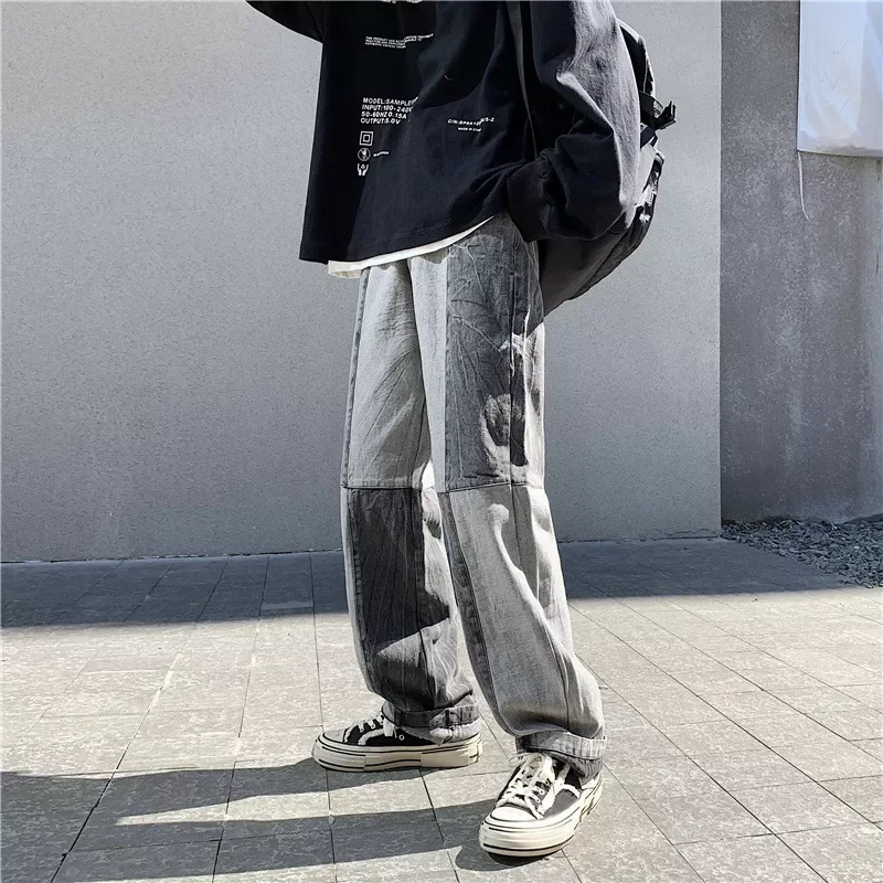 2022New Style Fashion Men's Denim Wide-leg Pants 2021 New Autumn Loose Straight-leg Jeans Paneled Denim Trousers Male