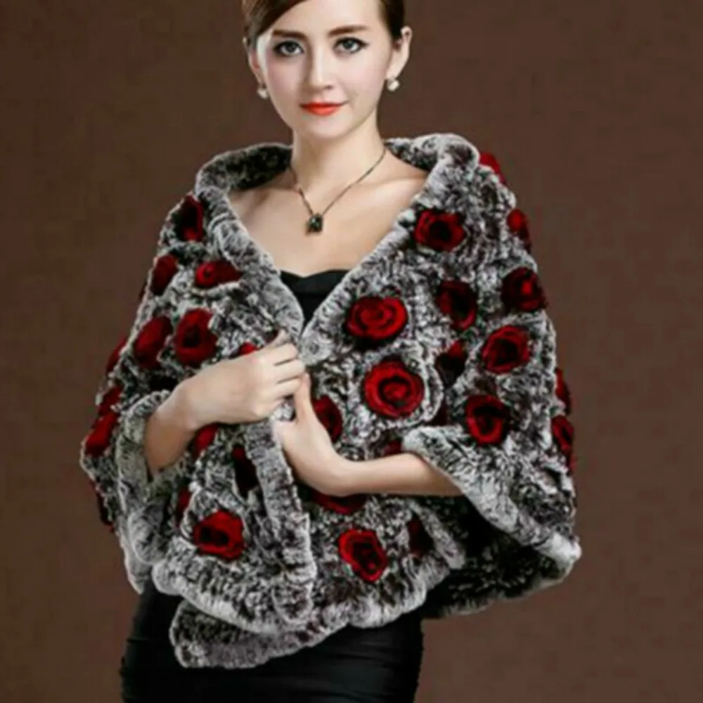 

Hand Knit Real Rex Rabbit Fur Cape Cardigan Fur Wraps Shawl Big Scarf with Rose