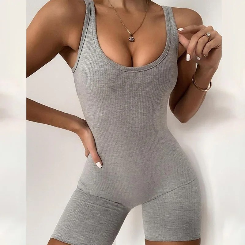 

Sport Playsuits Romper Overalls For Women Summer Women Sexy Jumpsuit Streetwear Sleeveless Bodycon Solid Knitted Bodysuit