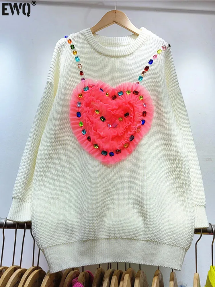 

[EWQ] O Neck Contrast Pullover Knitted Sweater Nail Drill Splice Lace Thick Warm Jumper For Women 2023 Autumn Winter New 16U6397