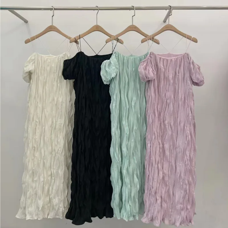 

Off Shoulder Ruched Tank Dress White Black Green Pink Summer Short Sleeve Loose Dress