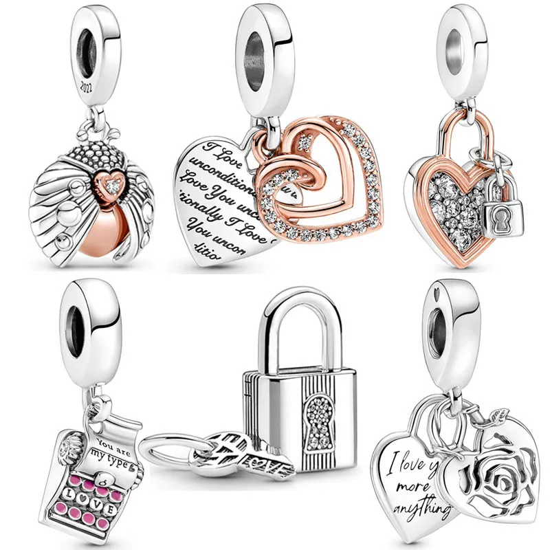 

Rose Entwined Hearts Padlock Key Typewriter Ladybird Pendant Bead 925 Sterling Silver Charm Fit pandora Bracelet Diy Jewelry