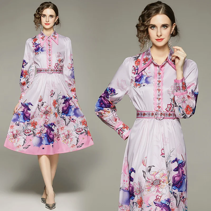

European and American fashion versatile literary lady printed dress with a belt MAB578073