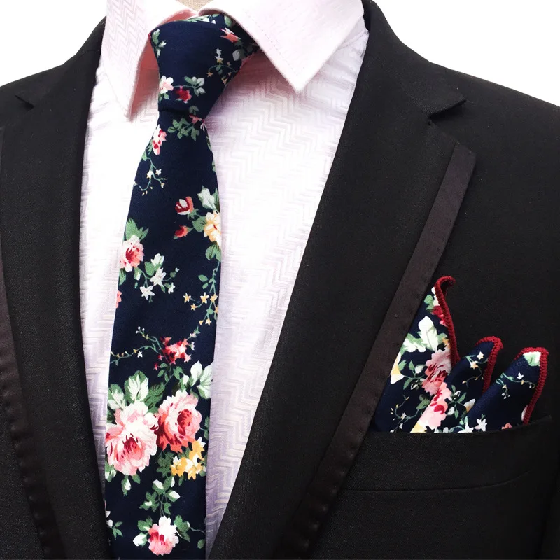 

New Tide 6cm Floral Print Cotton Tie 25*25CM Handkerchief for Men Casual Party Neckties Hanky Pocket Square Set 2pcs Wholesale