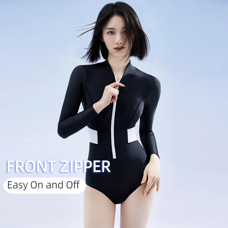 Слитный женский купальник с открытой спиной и длинным рукавом