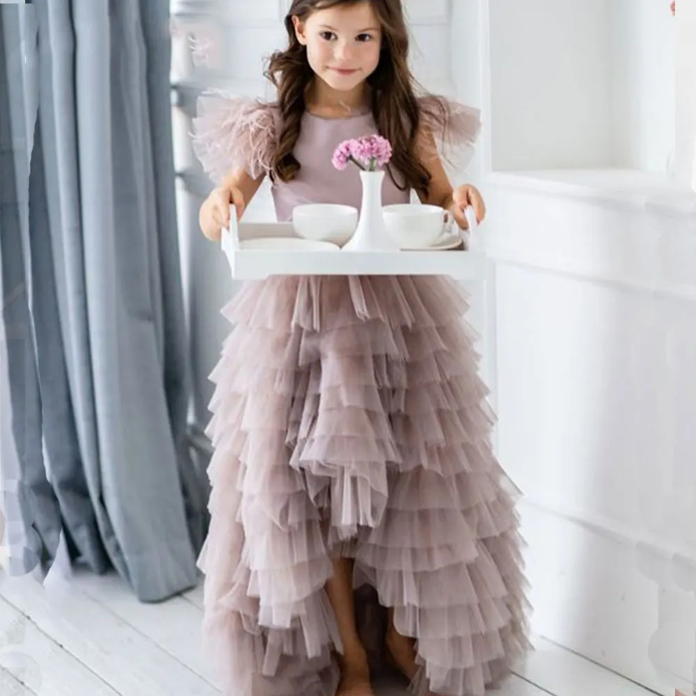 

Mvozein A-line Tulle Layers Girl Wedding Dress Wave Tired Satin Bow Sashes Communion Dress Organza Cap Sleeves Celebrity Dress