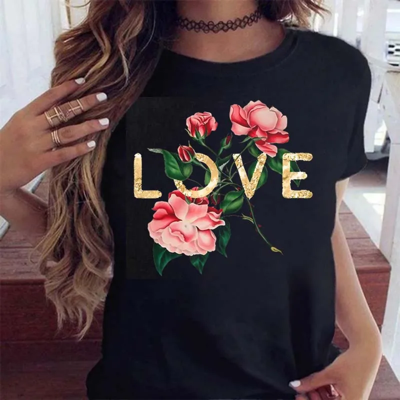 

Fashion Women T Shirt Flower Love Letter T Shirt Casual Tee Black Tops Female Short Sleeve T-shirt 90s Ladies Cute Graphic Tee