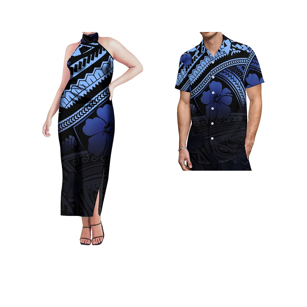 Custom Pacific Island Art Polynesian Puletasi Hollow Out Maxi Dress Sleeveless Women Dress Match Mens Shirt