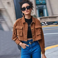corduroy women cropped jacket casual turn down collar brown corduroy jackets autumn elegant solid button streetwear coats 2021