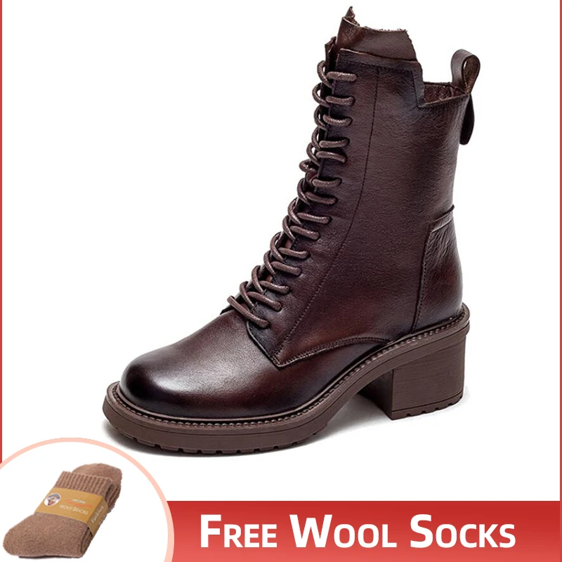 2023 High Top Cow Leather Quality Women Shoes Autumn Winter Square Med Heel Ankle Boots Lace Up Zipper Ladies Warm Cotton Boots