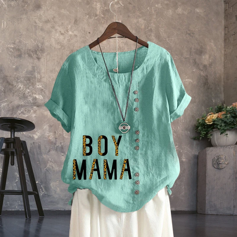 

New Arrival Women's Casual Linen Shirts Round Neck Trendy Letter Print Summer Trend Loose T Shirts Short Sleeve Tops XS-5XL