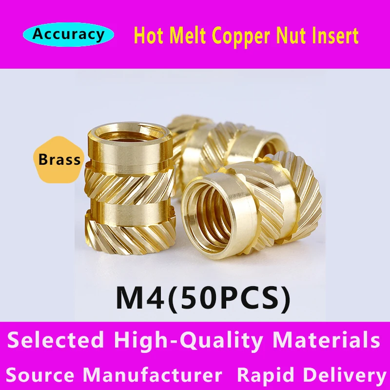 

M4 50pcs Brass Hot Melt Insert Nuts printer Components Heating Molding Copper Thread Inserts Nut Double Twill Knurled Injection