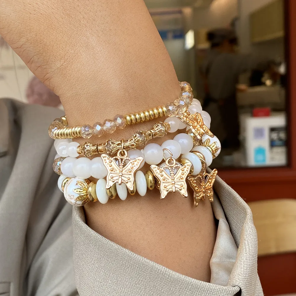 

4pcs/set Gold Color Butterfly Beaded Bracelet For Women Men Colorful Bead Elastic Charm Bracelet Pulseras Jewelry Wholesale 2023