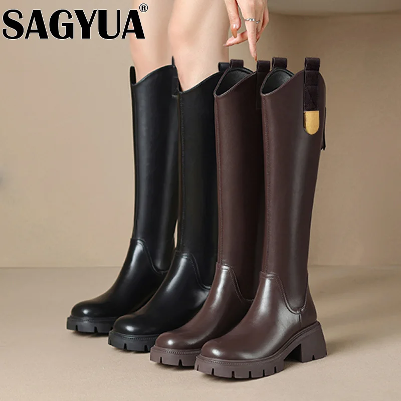 Женские сапоги до колена кожаная обувь на среднем каблуке зимняя брендовая 2025