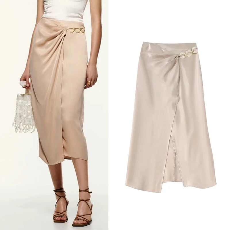 

Summer 2022 Women Solid Satin Midi Skirt Faldas Mujer Fashion High Waist Chain link Mid Calf Skirts BB22609