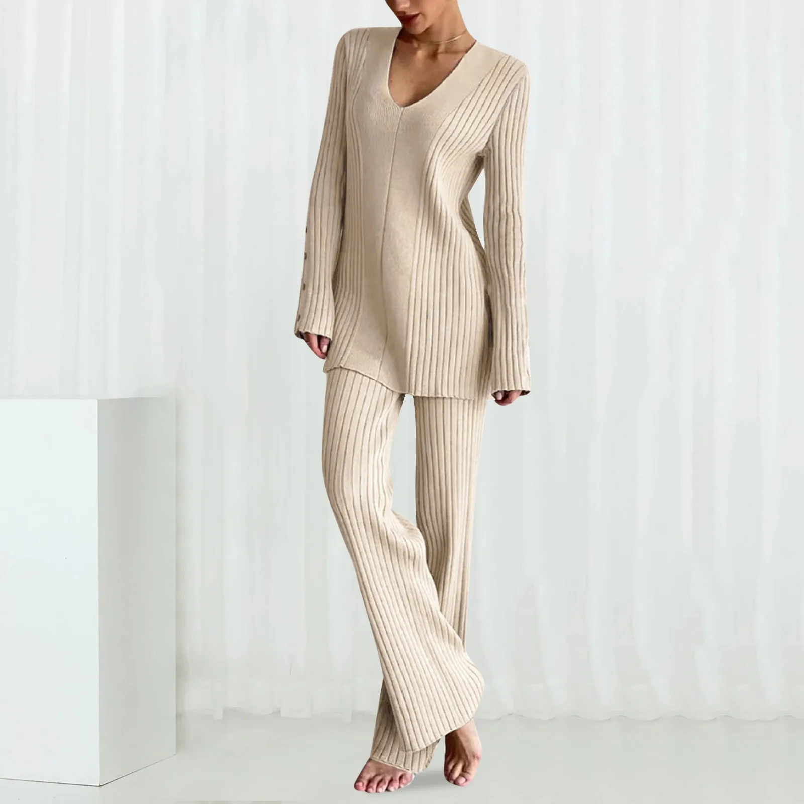 Вязаный свитер костюм с v-образным вырезом топ широкие брюки комплекты из двух