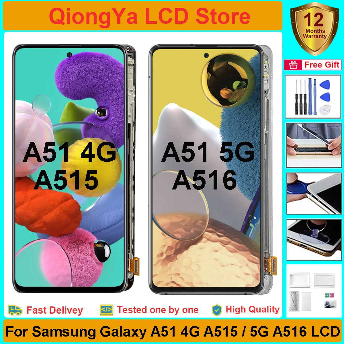 

6.5” Tested Original Display For Samsung Galaxy A51 4G A515 / 5G A516 SM-A515F A516F A516B LCD + Touch Screen Digitizer Assembly