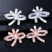 threegraces korean rose gold color white cubic zirconia crystal big bowknot stud earrings for women party fashion jewelry er261