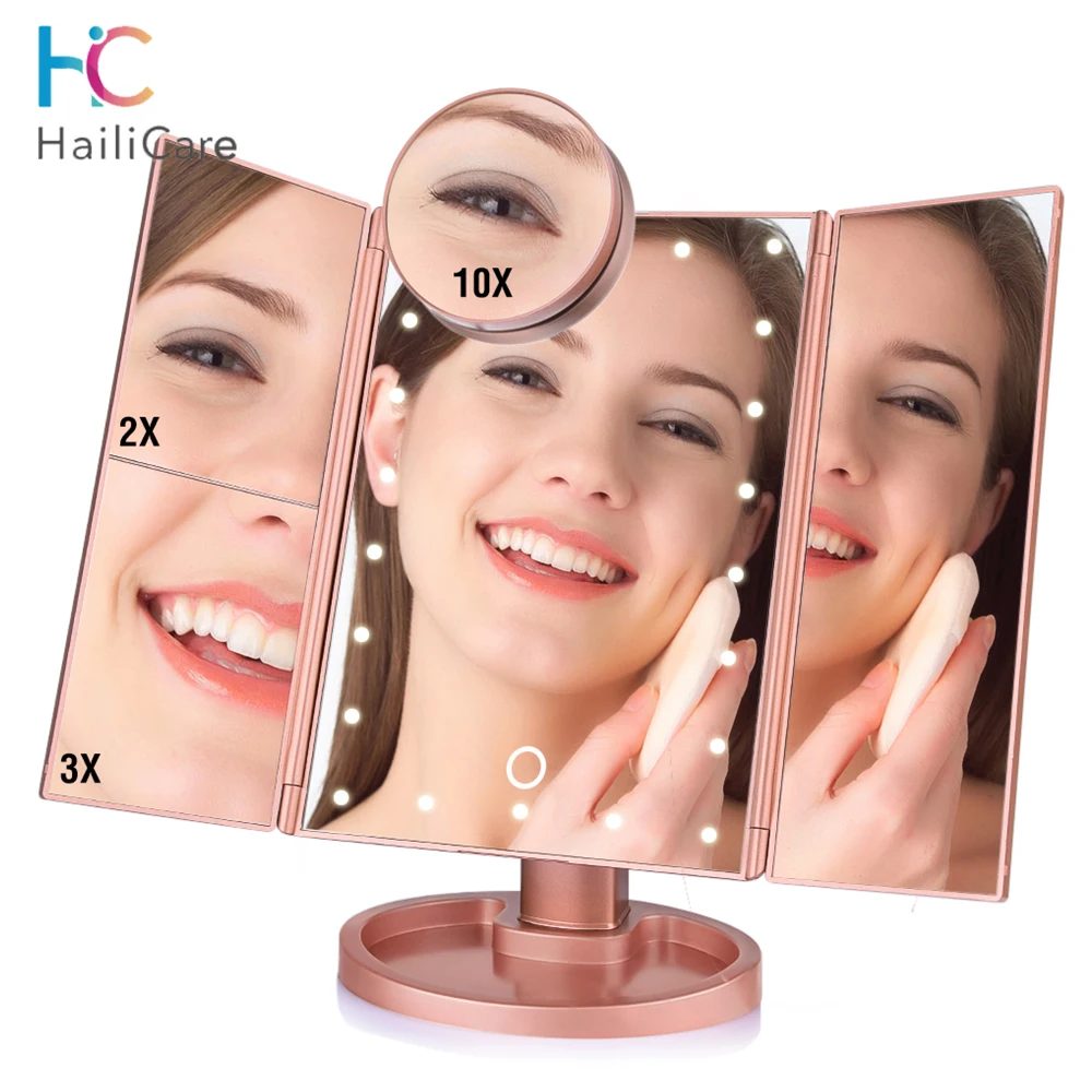 22 LED Makeup Mirror with Lights 1X 2X 3X 10X Magnifying Cosmetic Mirror 3 Folding Vanity Mirror Touch Dimmer stand Table Mirror