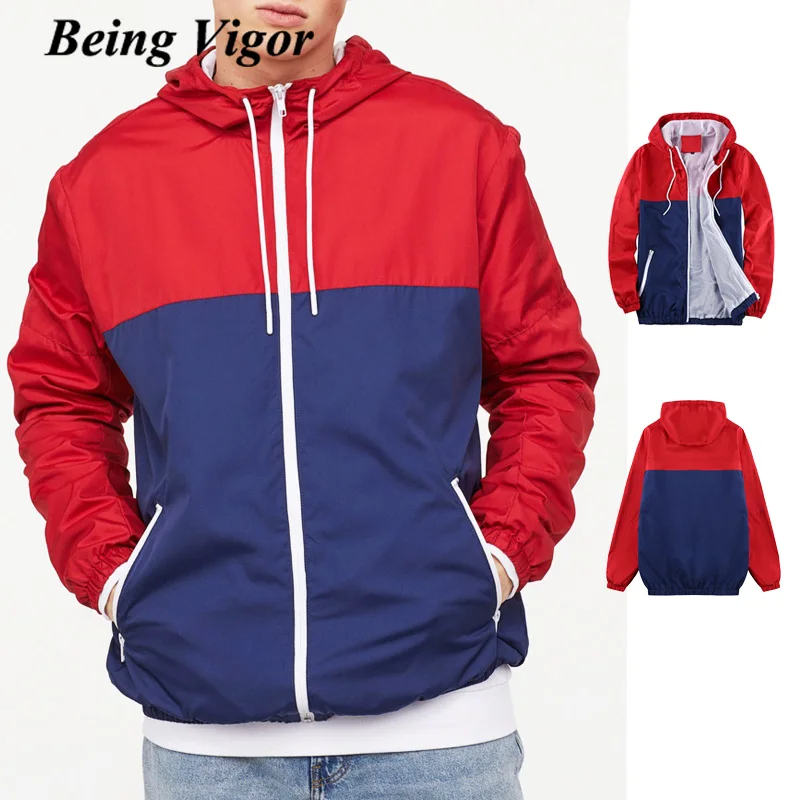 

Being Vigor Color Blocked Hooded Mens Windbreaker Jacket Sport Casual Patchwork Trench Thin Coat chaquetas hombre mont erkek 3XL