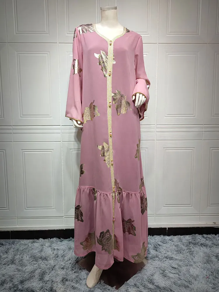 Arabian Kaftan Evening Long Dress Women Gold Stamping Chiffon Moroccan Caftan Dubai Saudi Gulf Jalabiya Muslim Party Abaya 2022