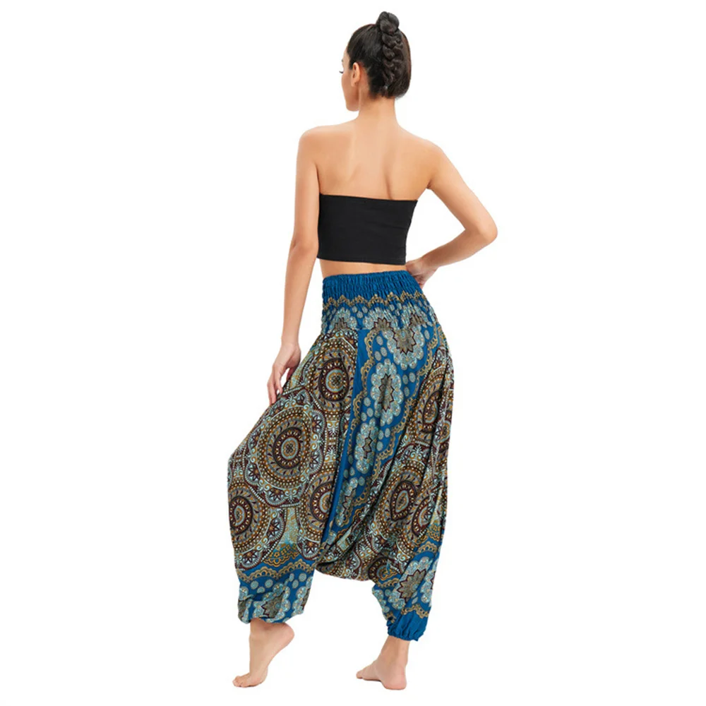 Women Bohemian Floral Print Long Pants 2022 Mid Waist Vintage Harem Pants Elastic Waist Boho Beach Trousers