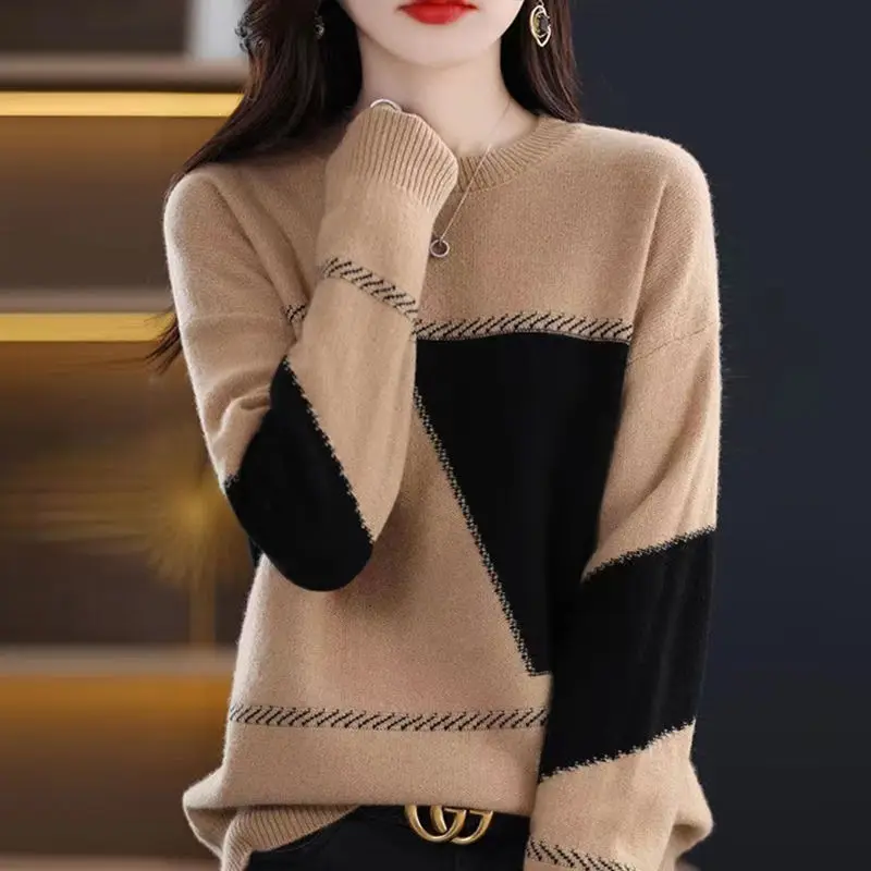 

Color-blocked Fashion Knit Sweater Women Long Sleeve O-neck Pullover Tops Spring Autumn Chic Loose Ladies Jumpers Knitwear 2023