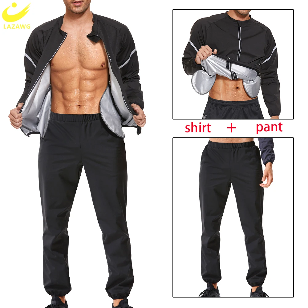 LAZAWG Mens Sauna Suit Weight Loss Set Sweat Top Pants Slimming Jacket Trousers Workout Leggings Shirt Body Shaper Fat Burner