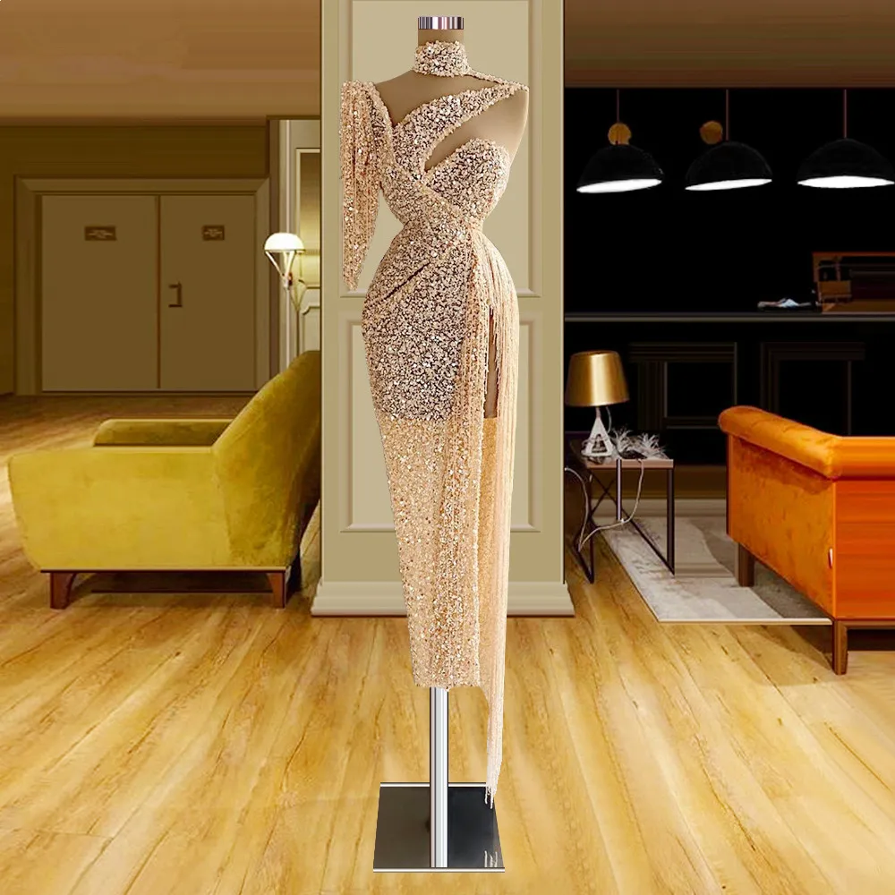 

Sparkle Prom Dresses Sheath One-shoulder Tea Length Sequins Dubai Saudi Arabia Prom Gown Evening Dress Robe De Soiree Haute