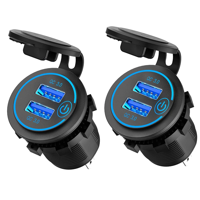

[В 2 упаковках] 12 В/24 В USB-розетка для быстрой зарядки 3,0, двойная USB-розетка питания с сенсорным выключателем, водонепроницаемая для автомобил...