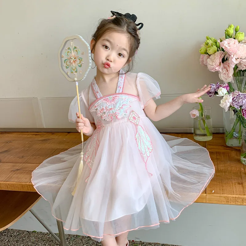 

Embroidered Bubble Sleeves Children's Clothing Dress For Girls 2023 New Fashionable Baby Summer Hanfu Princess Dress