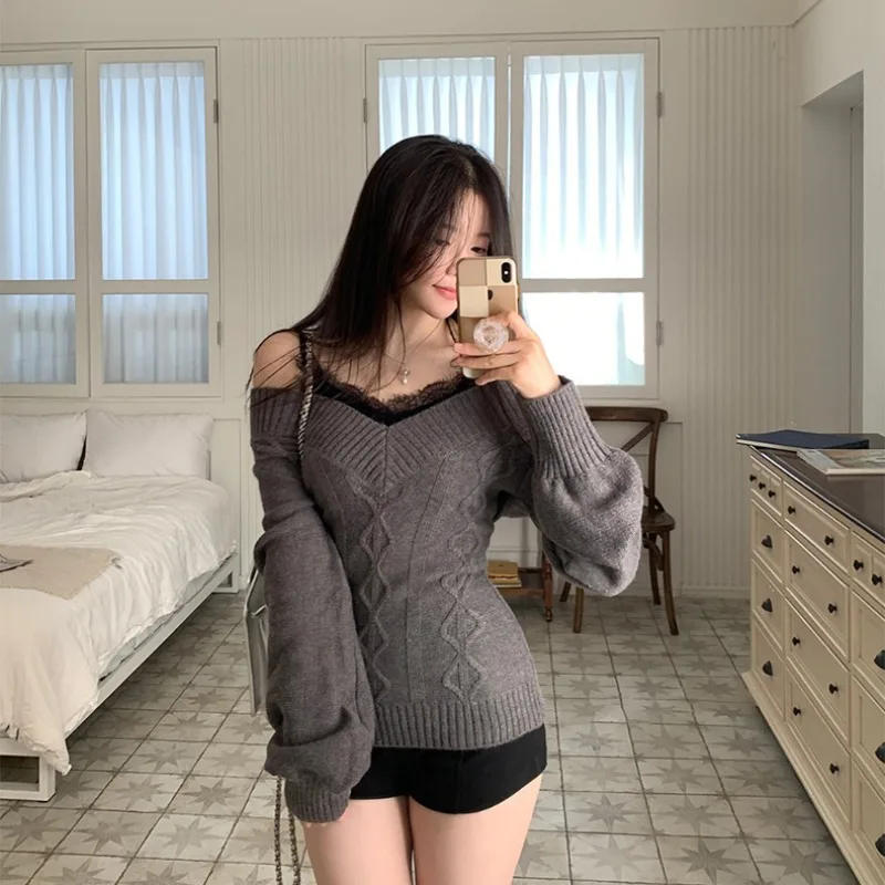 FIGOHR корейский облегающий вязаный свитер с v-образным вырезом и длинными рукавами