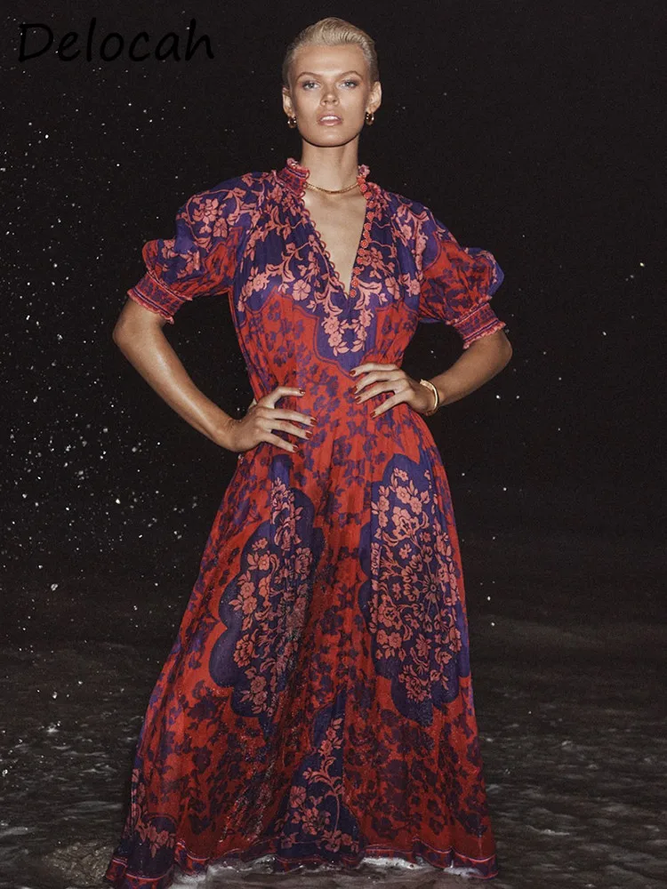 

Женское платье-трапеция Delocah, дизайнерское винтажное платье макси с воротником-стойкой и поясом на пуговицах, лето 2019