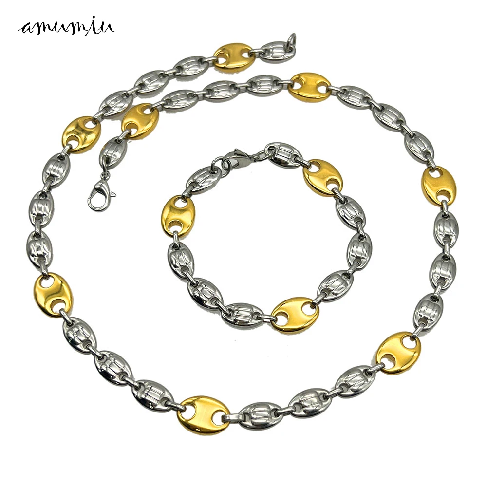 

AMUMIU Chain Oval Necklace Bracelet Set For Women Men Gold Tone Stainless Steel Charm Pig Nose Jewelry Valentine Gift