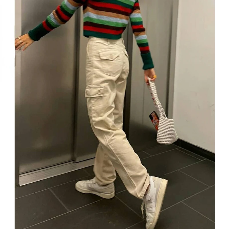 

2023New Casual Baggy Jeans Women's Cargo Pants Pockets Streetwear Mom High Waist Straight Denim Trousers E Girl Harajuku