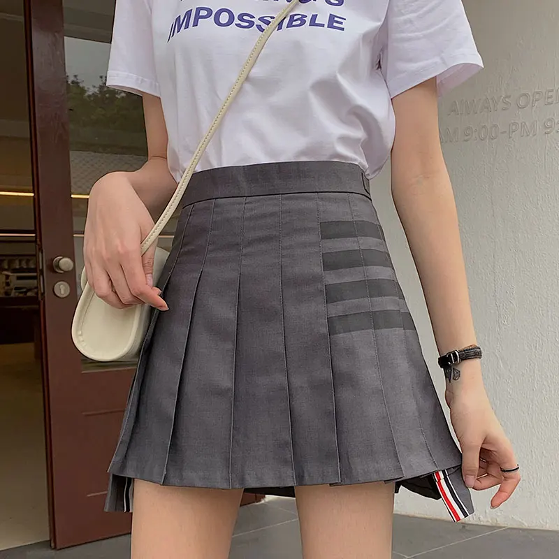 

Gray tb pleated skirt women's summer fat M high-waisted skirt college style bag buttocks thin and anti-glare A-line skirt