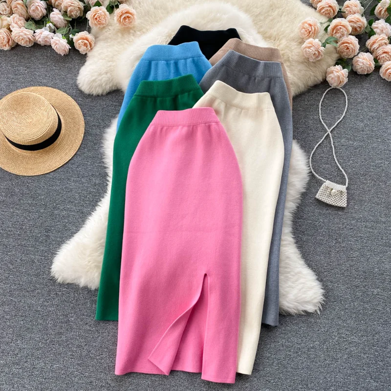 

Plain Knitted Skirts Split High Waist Elastic Y2k Jupe A-line Mujer Faldas Long Bust Skirt Casual Women Clothes Dropshipping