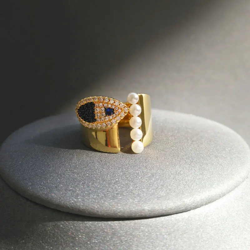 

Amoo Golden S925 Sterling Silver Pearl Fish Ring Dark Eyes Women's Tribe Bohemian Style Ring Summer Valentine's Day Gift Jewelry